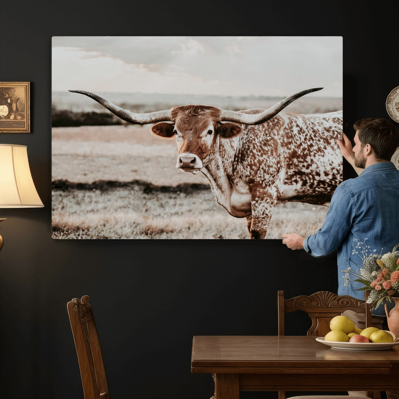 62910-MGV-CV-36X24 - Texas Longhorn Canvas Wall Art Print – Majestic Western Cattle in Rustic Farmhouse Decor – Cowboy Wall Decor