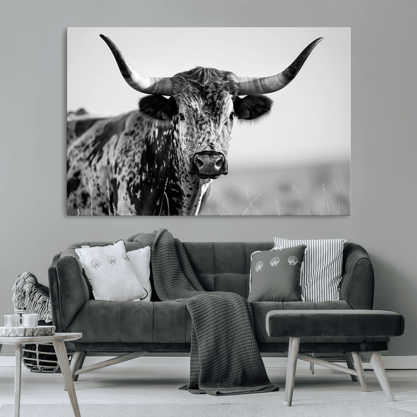 MGV-CV-36X24 - Texas Highland Cow Longhorn Canvas Print - Rustic Farmhouse Wall Art - Large Texas Longhorn