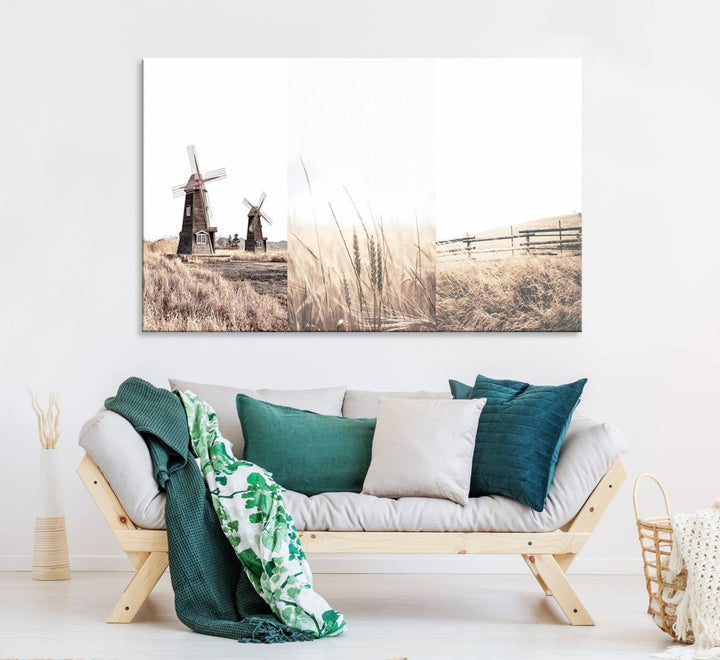 Farmhouse wall art set: 3 giclee canvas prints featuring windmills and wheat fields.