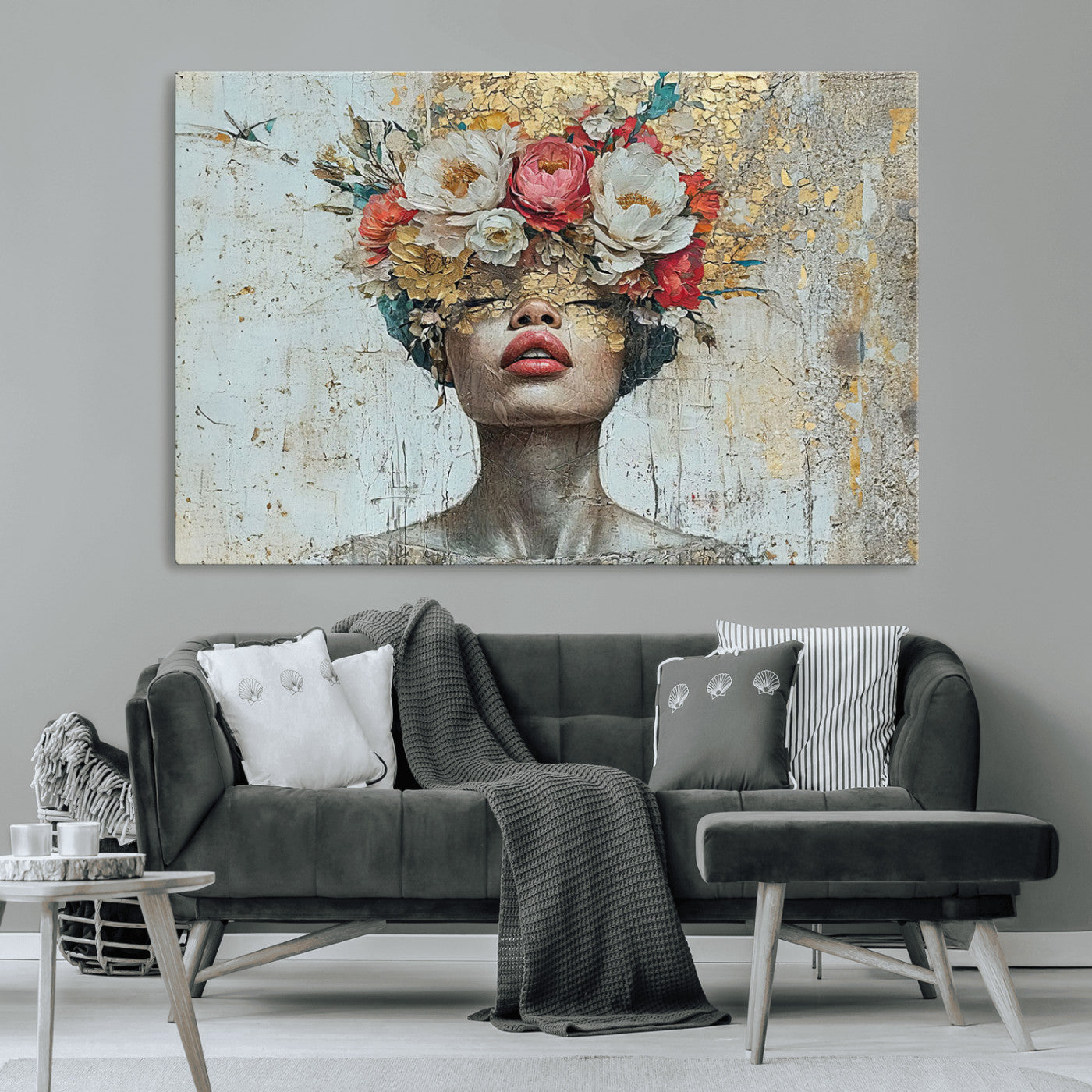 MGV-CV-36X24 - Golden Petal Wall Art Canvas Print - Silhouette Woman Wall Art Canvas Print, Floral Woman Portrait