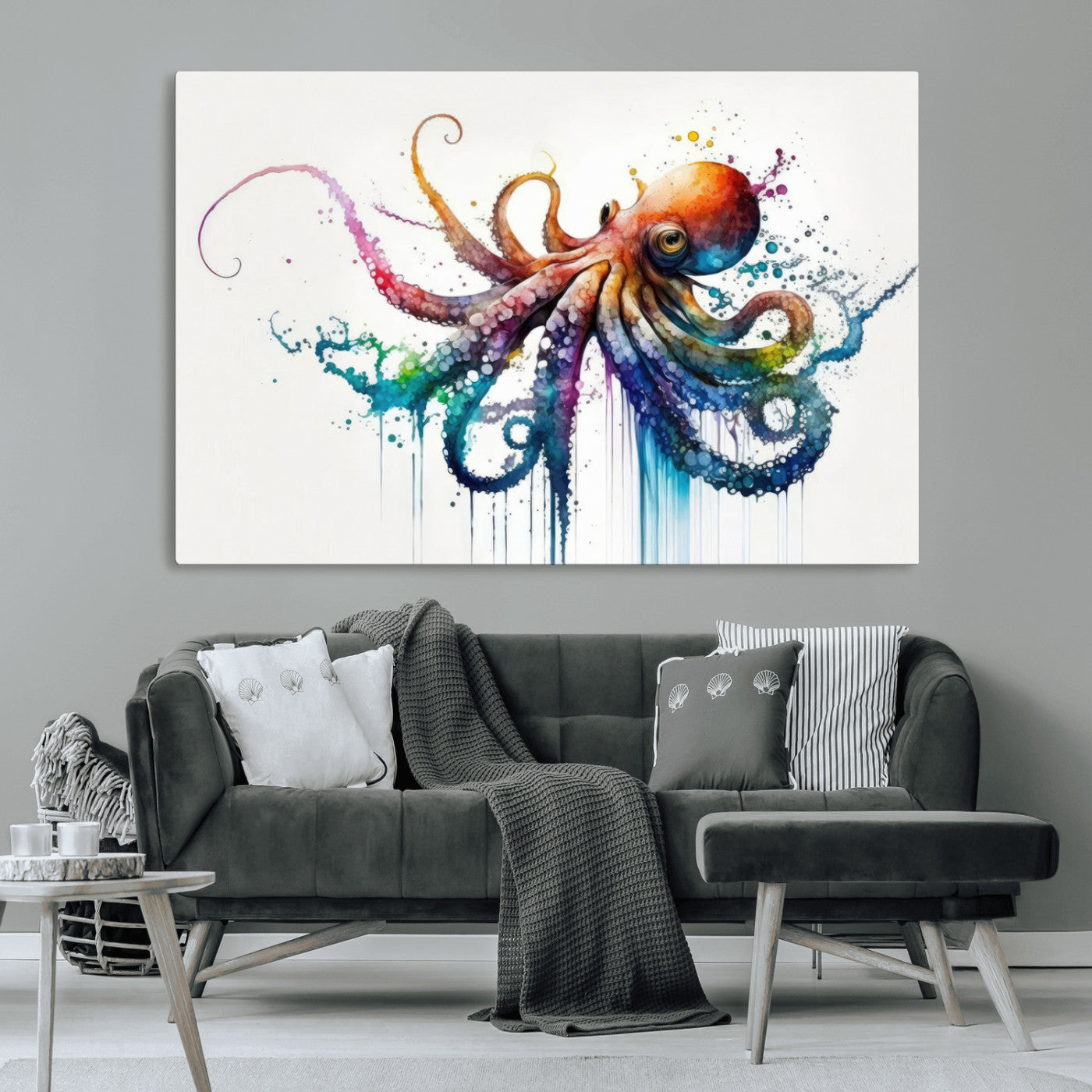 MGV-CV-36X24 - Watercolor Vibrant Octopus Wall Art Canvas Print | Abstract Sea Life Art | Colorful Marine Creature