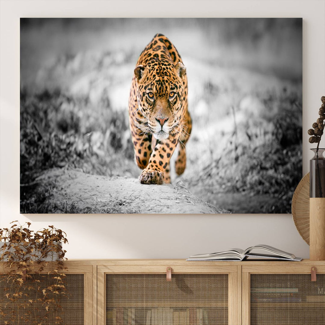 A striking three-panel "Jaguar Stalking Wall Art Canvas Print - Majestic Big Cat in Focused Pursuit" features a leopard walking forward, set against a black and white background.