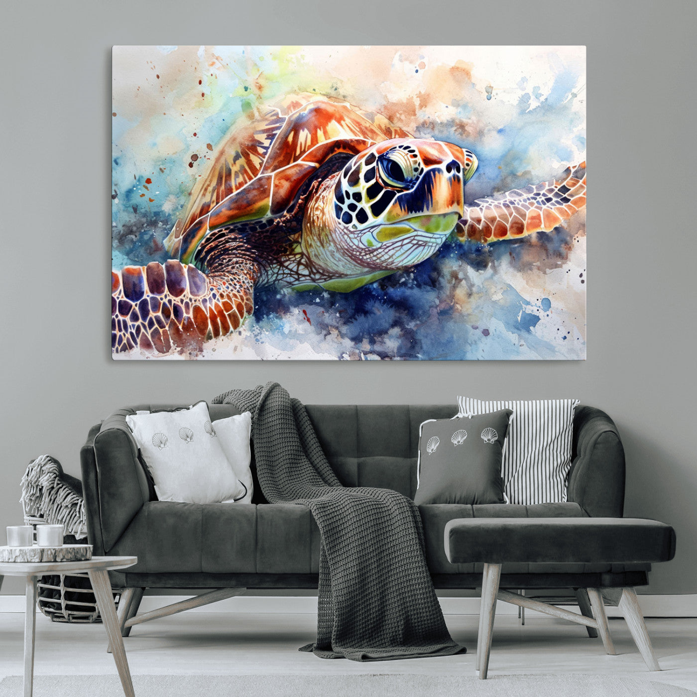 MGV-CV-36X24 - Watercolor Sea Turtle Wall Art Canvas Print - Vibrant Ocean Colors in Watercolor Style - Ready to