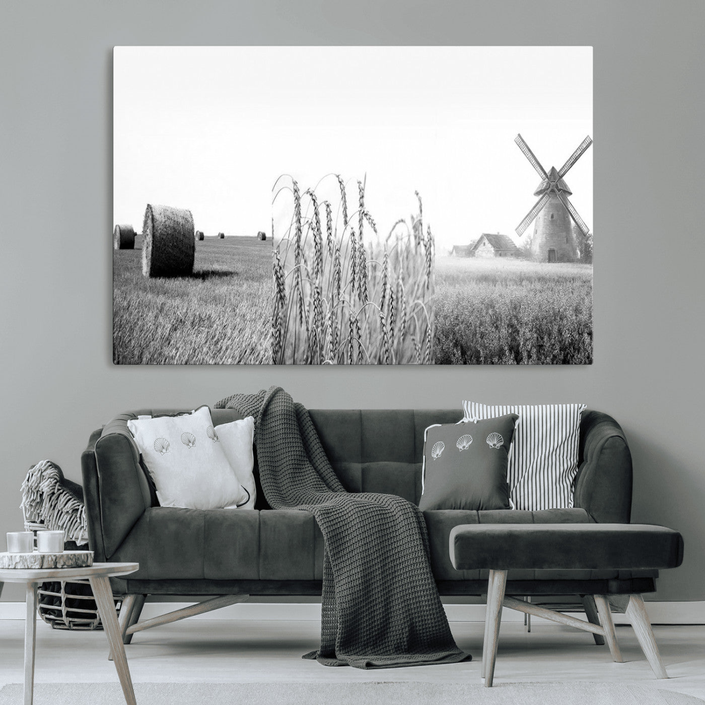 MGV-CV-36X24 - Vintage Farmhouse Black and White Triptych Wall Art – Giclee Canvas Featuring Wheat Fields, Hay