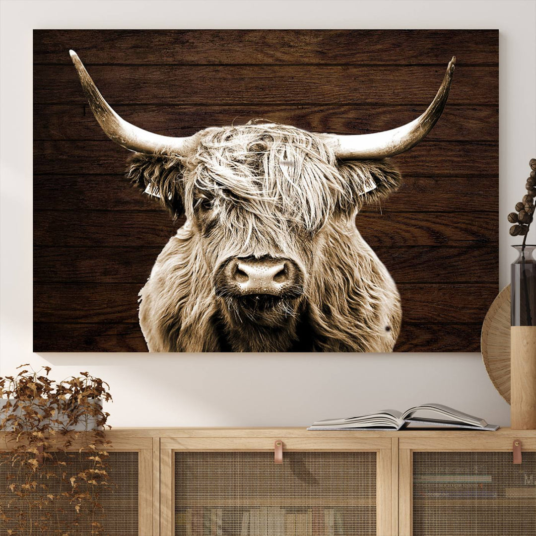 Highland Cow Wall Art Canvas Print: Majestic Scottish bull on rustic decor, ready to hang.