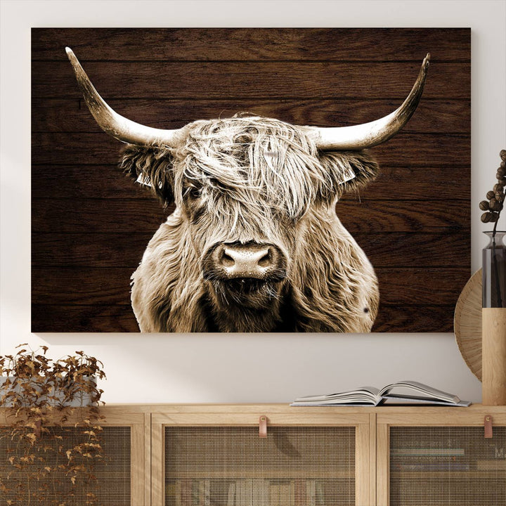 Highland Cow Wall Art Canvas Print, Rustic Farmhouse Decor, Majestic Scottish Highland Bull Portrait for Living Room – Ready to Hang