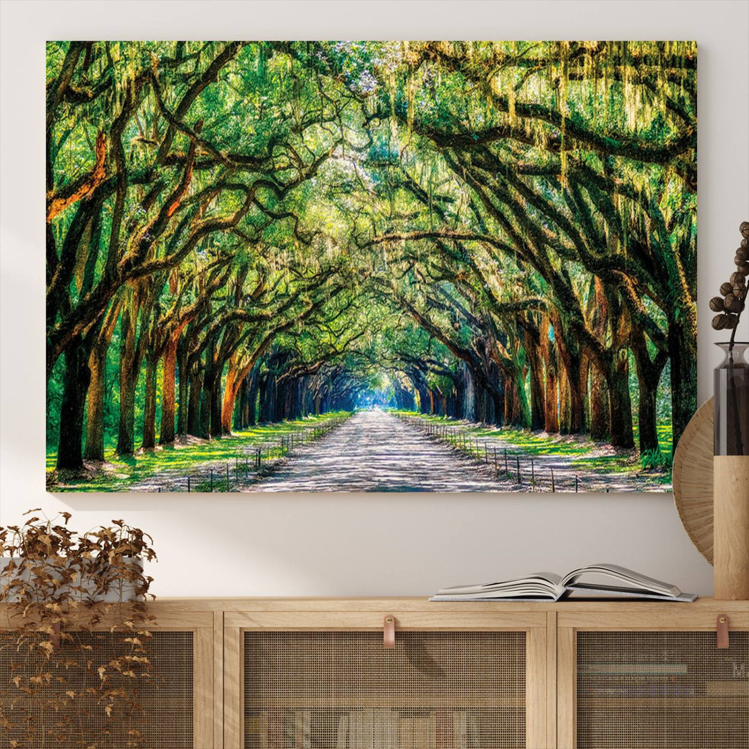 Serene Tree Tunnel Wall Art Canvas Print – Pathway Under Canopy of Lush Green Trees, Nature-Inspired Decor for Living Room – Ready to Hang