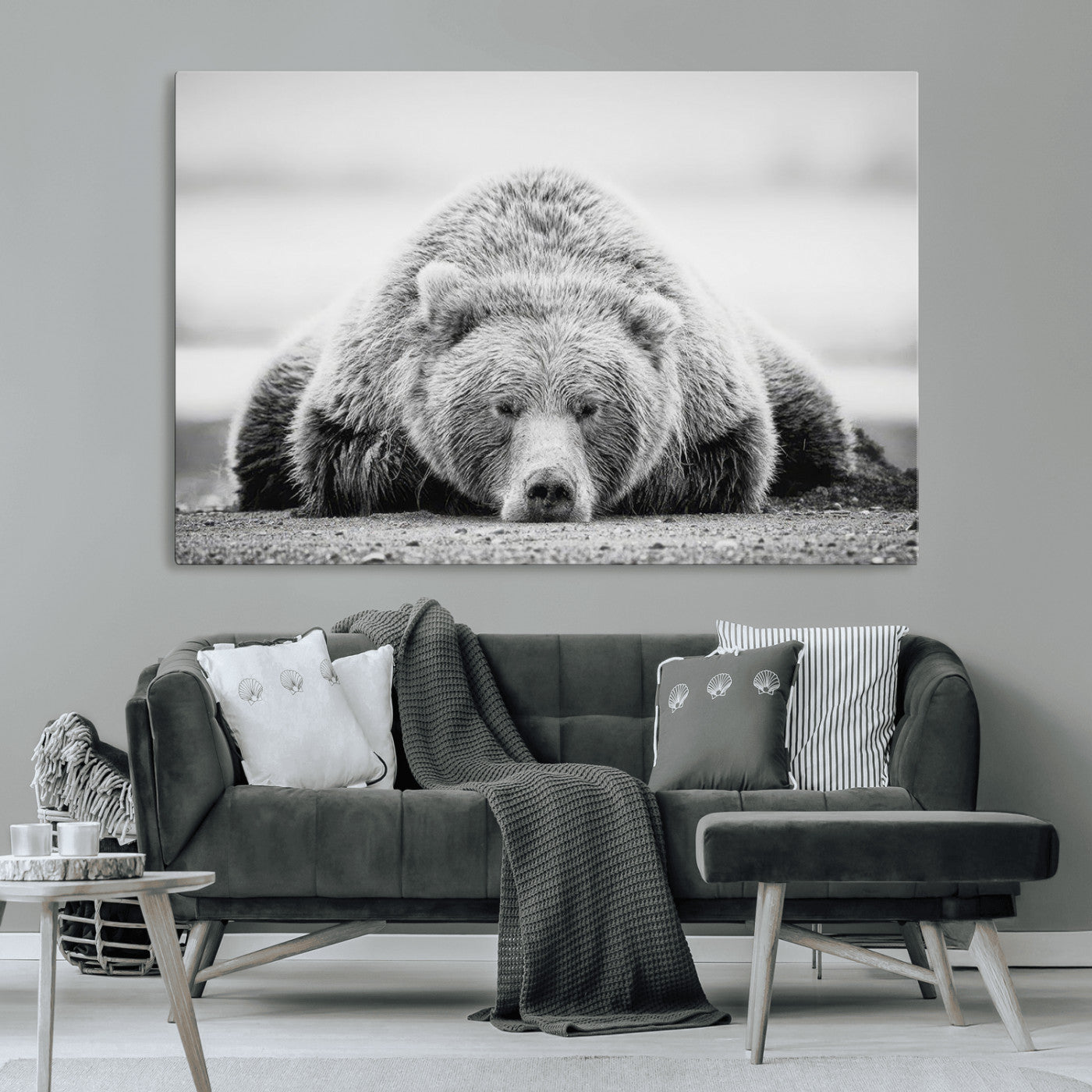 MGV-CV-36X24 - Resting Grizzly Bear Wall Art Canvas Print – Majestic Lazy Black and White Wildlife Bear Art,