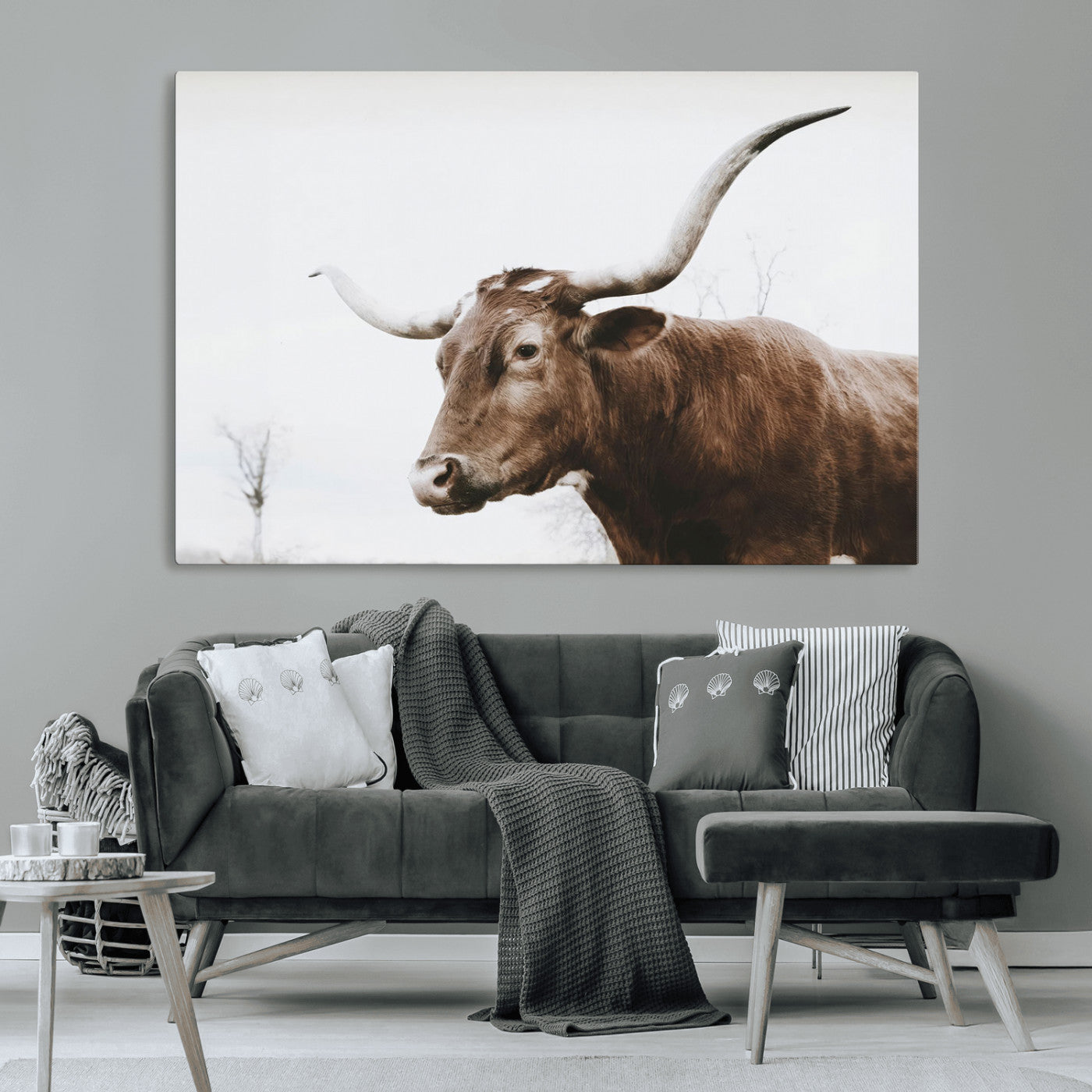 MGV-CV-36X24 - Rustic Bull Wall Art Canvas Print – Modern Longhorn Farmhouse Animal Decor – Abstract Farm Cow