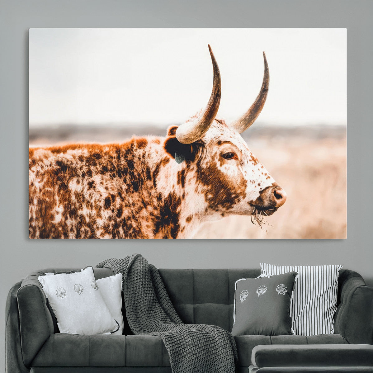 MGV-CV-36X24 - Speckled Bull Wall Art Canvas Print – Rustic Cow Longhorn Farmhouse Animal Decor – Western Longhorn