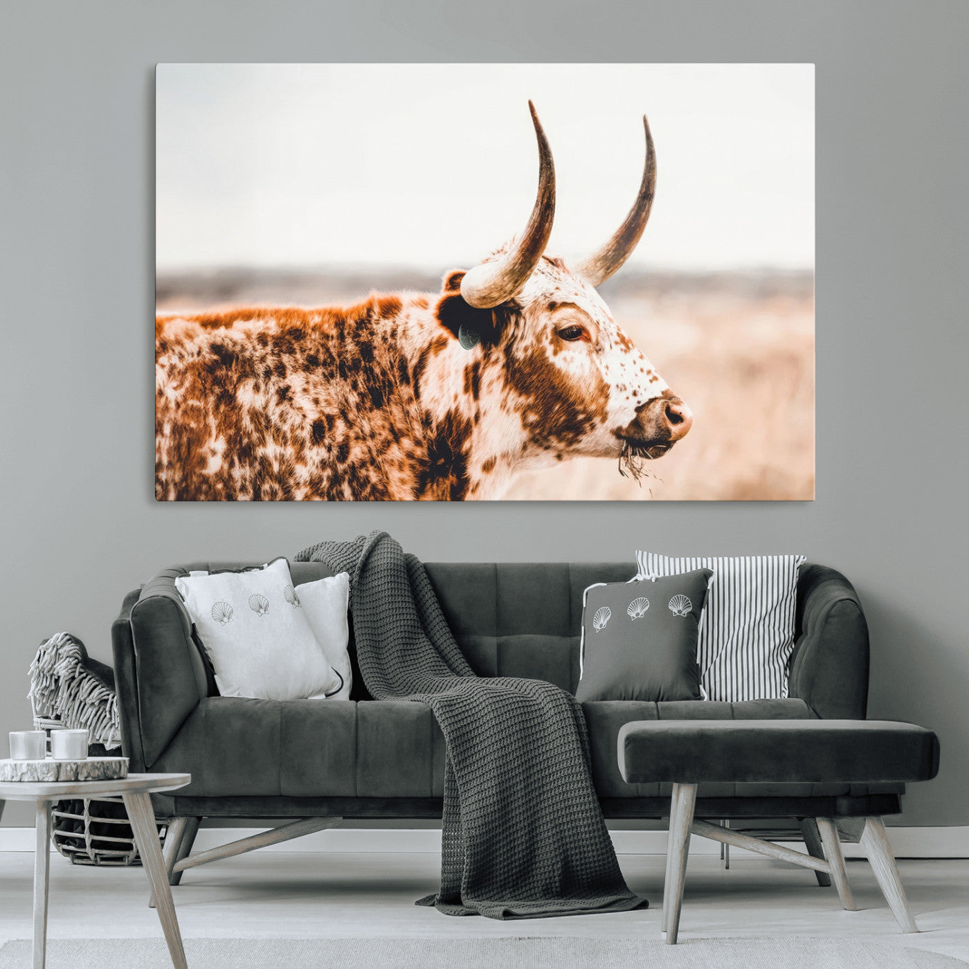 -Speckled Bull Wall Art Canvas Print – Rustic Cow Longhorn Farmhouse Animal Decor – Western Longhorn