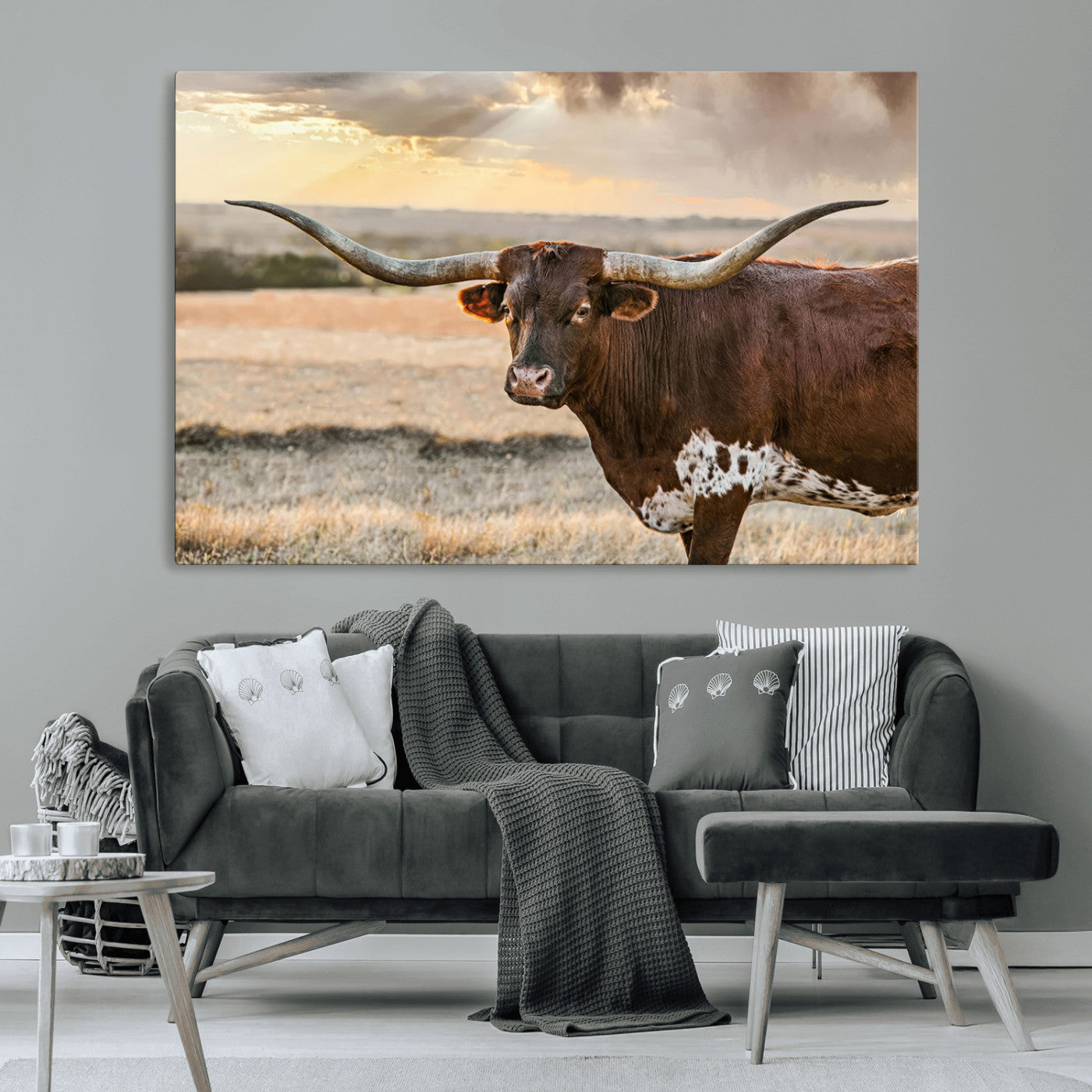 MGV-CV-36X24 - Texas Longhorn Wall Art Canvas Print, Rustic Ranch Decor, Majestic Western Longhorn Cattle