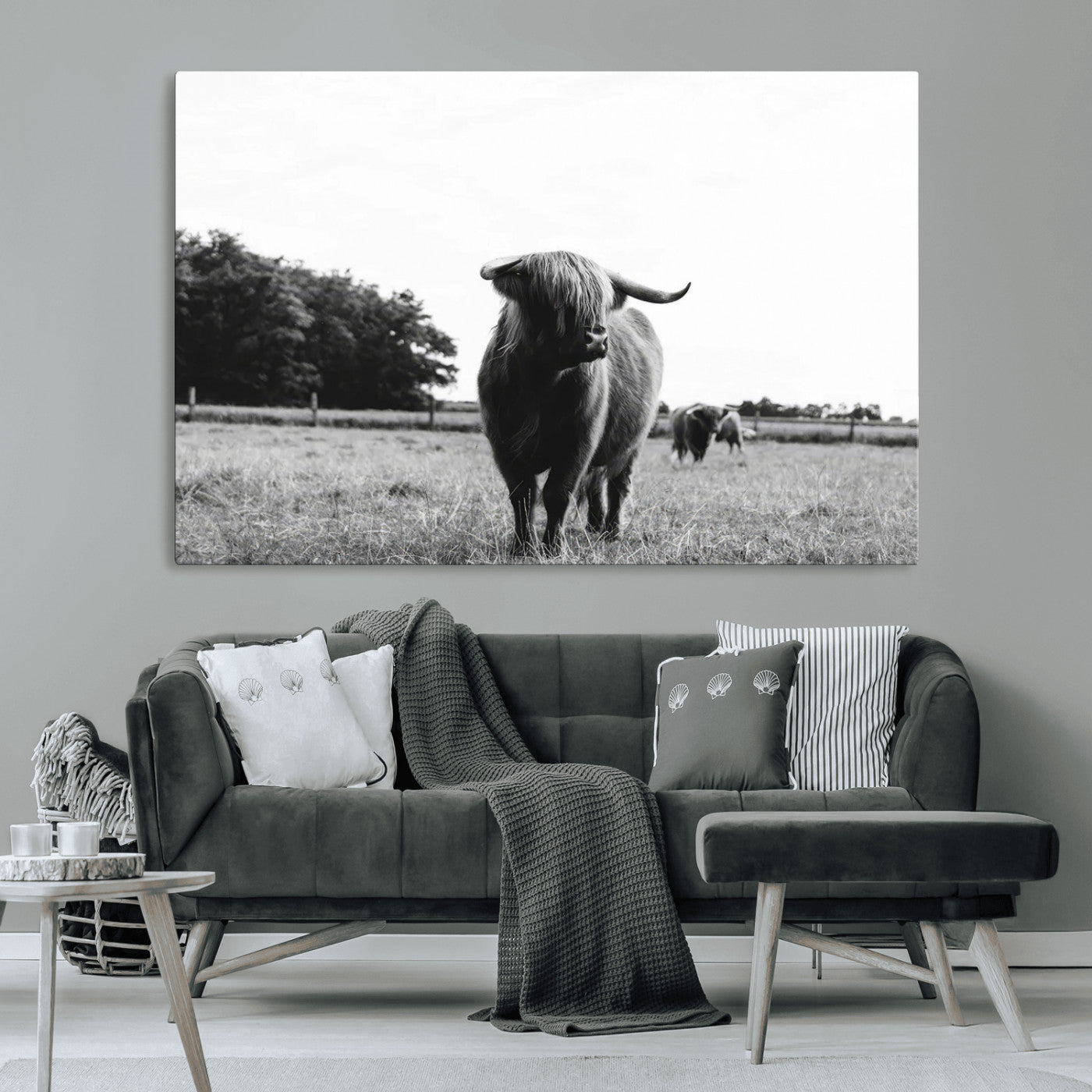 MGV-CV-36X24 - Black and White Highland Cow Wall Art Canvas Print | Rustic Western Decor for Living Room or Office,