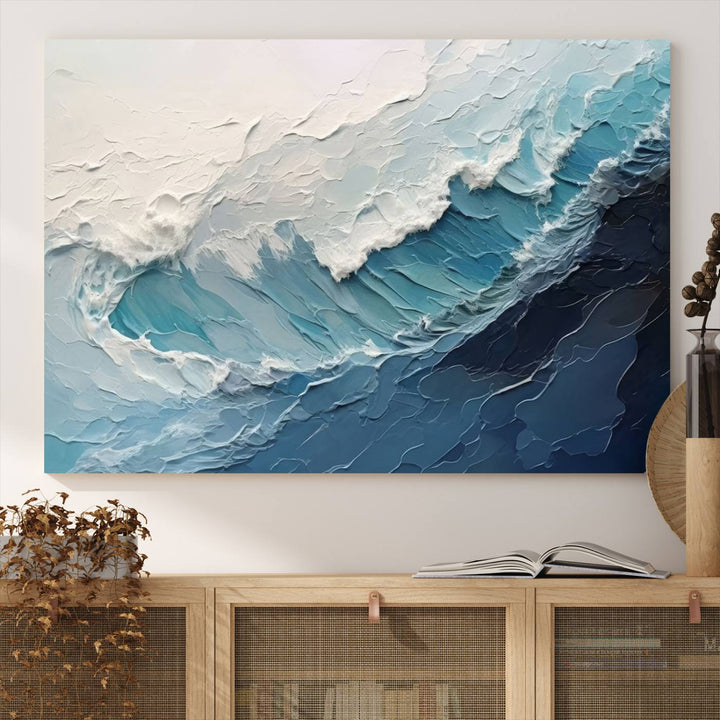 The Blue Abstract Wave Ocean Wall Art Canvas Print hangs prominently.