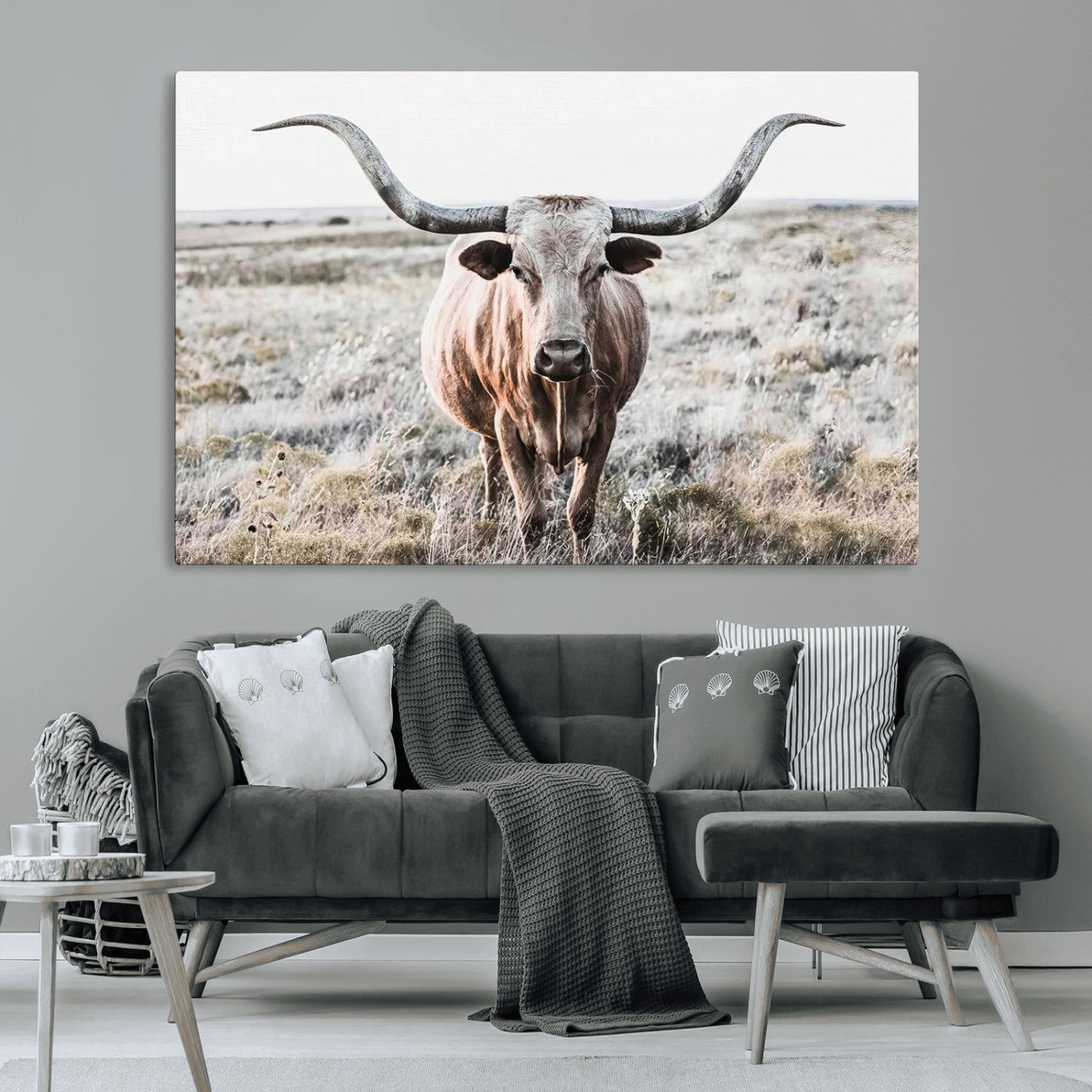 -Rustic Texas Longhorn Wall Art Canvas Print | Western Farmhouse Decor for Living Room or Office,