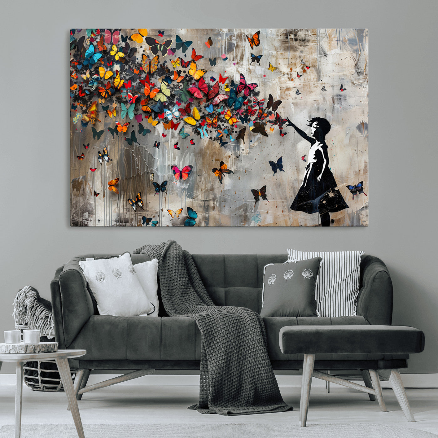MGV-CV-36X24 - Banksy Wall Art - Banksy Girl and Butterfly Explosion Wall Art Canvas Print | Girl with Butterflies