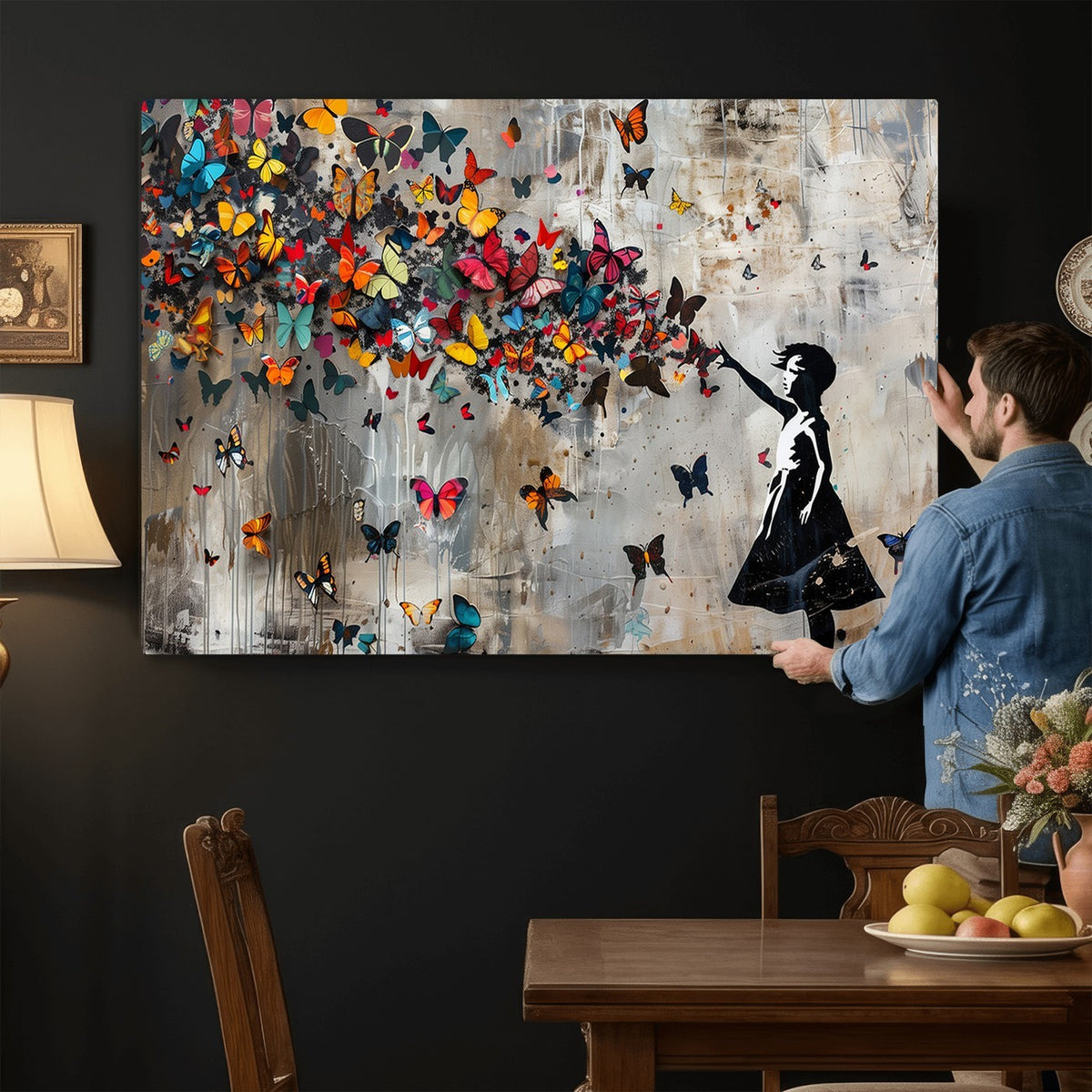 40269-MGV-CV-24X16 - Banksy Wall Art, Banksy Girl and Butterfly Explosion Canvas Print | Extra Large 3 Piece Best Seller Wall Art