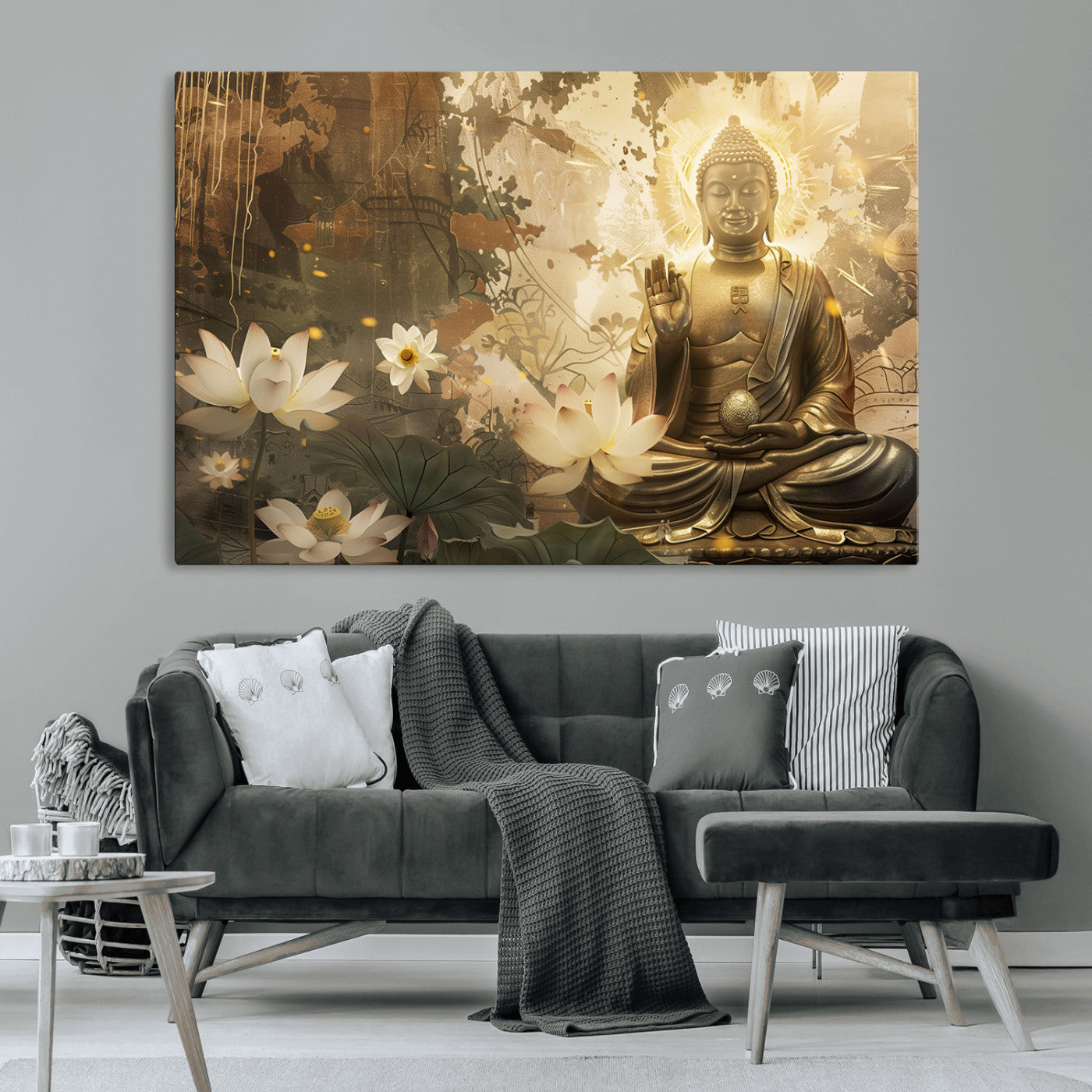 MGV-CV-36X24 - Zen Buddha Wall Art Canvas Print | Peaceful Meditation Decor with Lotus Flowers | Spiritual Serenity