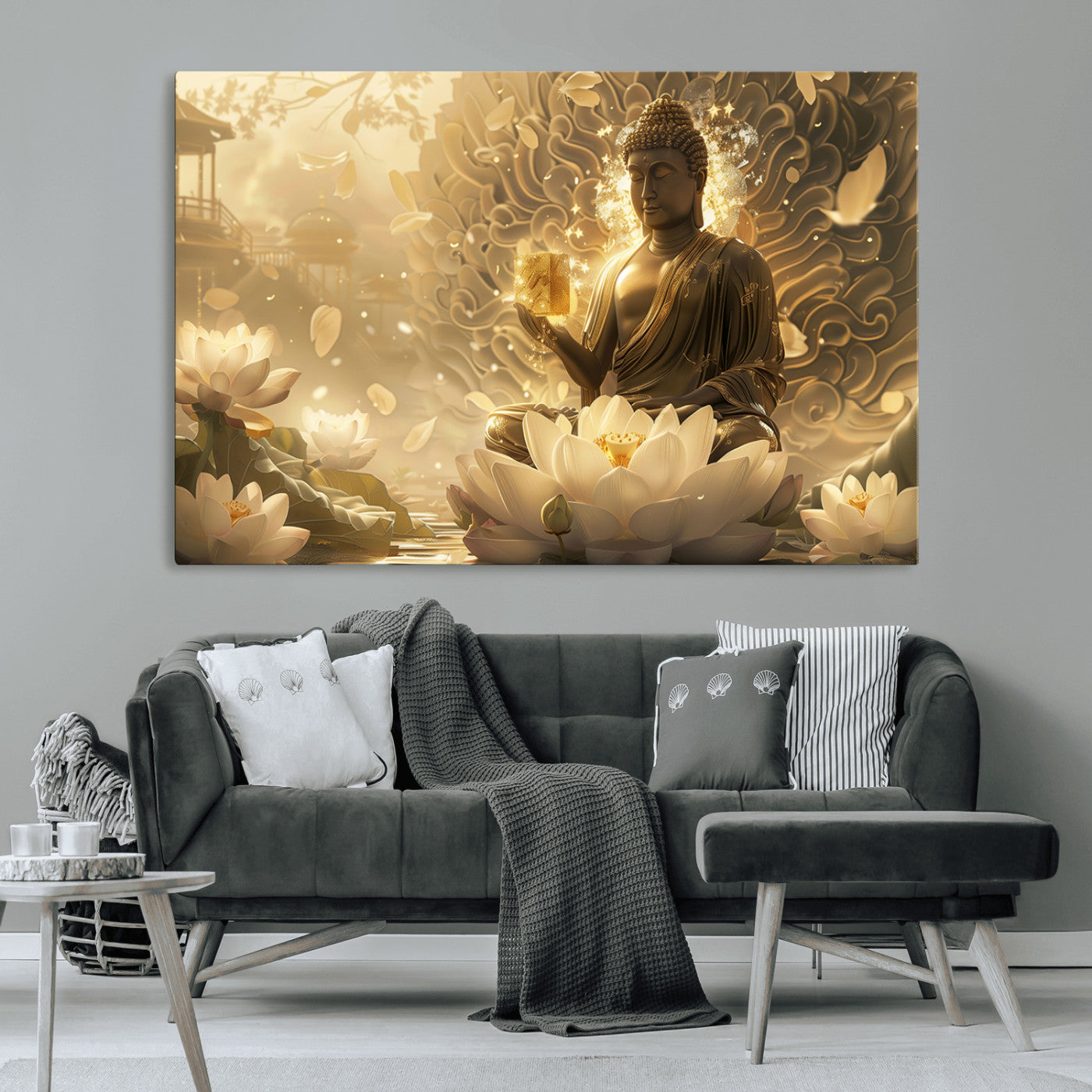 MGV-CV-36X24 - Golden Buddha Wall Art | Yoga Room Decor and Meditation Room Wall Art | Framed and Ready to Hang