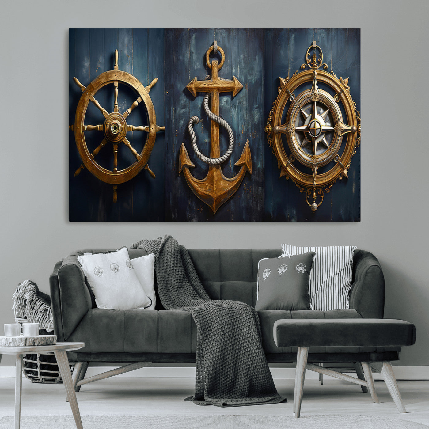 MGV-CV-36X24 - Boat Anchor Compass With Rope Wall Art Canvas Print | Beach House Wall Art