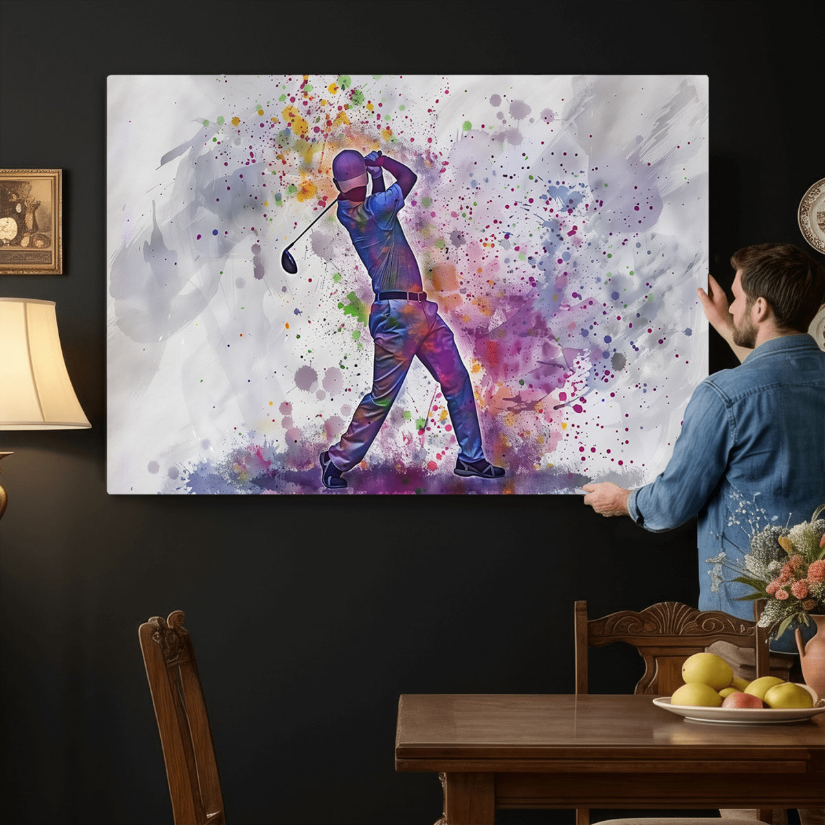 60116-MGV-CV-36X24 - Watercolor Golf Swing Wall Art Canvas Print, Vibrant, Framed and Ready to Hang