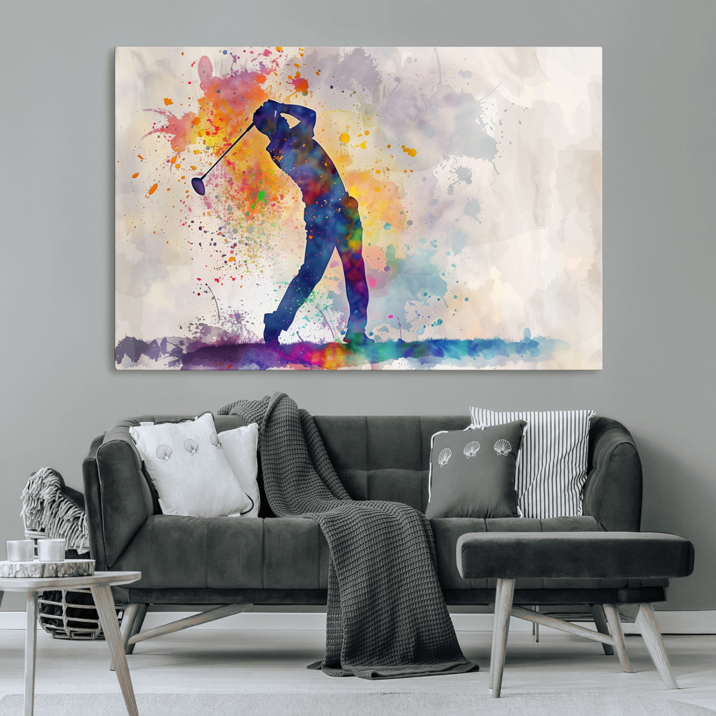 MGV-CV-36X24 - Watercolor Golf Swing Wall Art Canvas Print | Vibrant Abstract Golf Player Silhouette |
