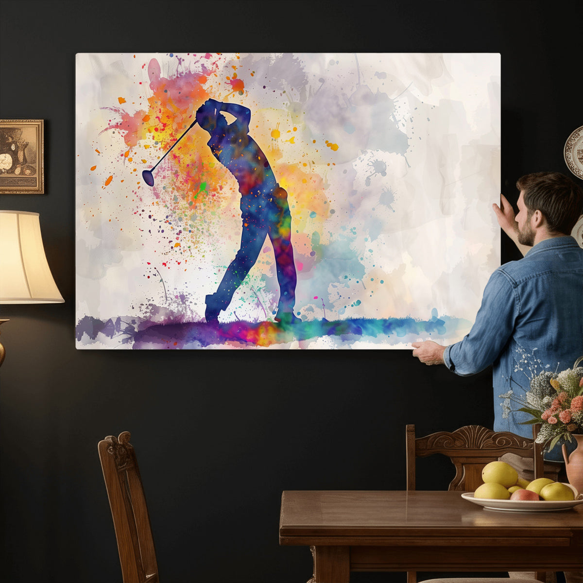 89625-MGV-CV-36X24 - Vibrant Watercolor Golf Swing Wall Art Canvas Print | Extra Large 3 Piece Canvas Wall Art