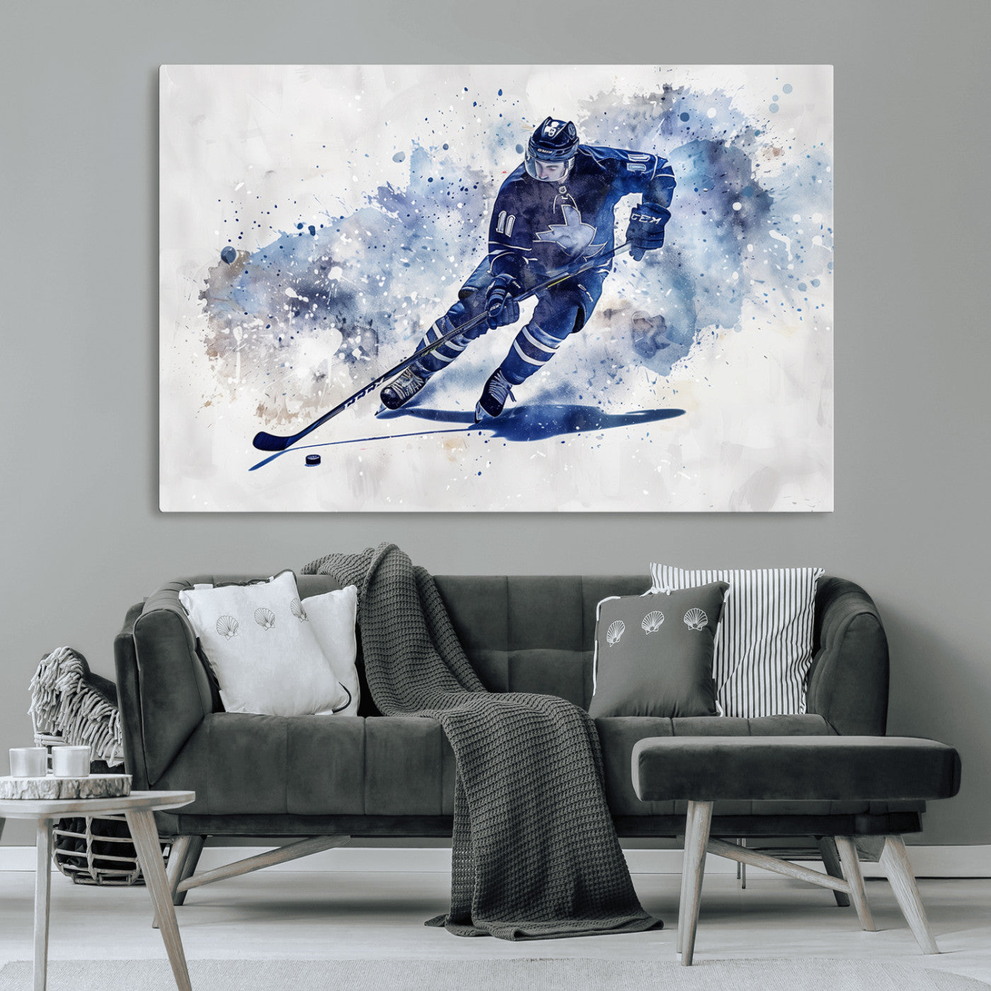 MGV-CV-36X24 - Hockey Player Wall Art Canvas Print - Sports-Inspired Watercolor Decor - Ready to Hang