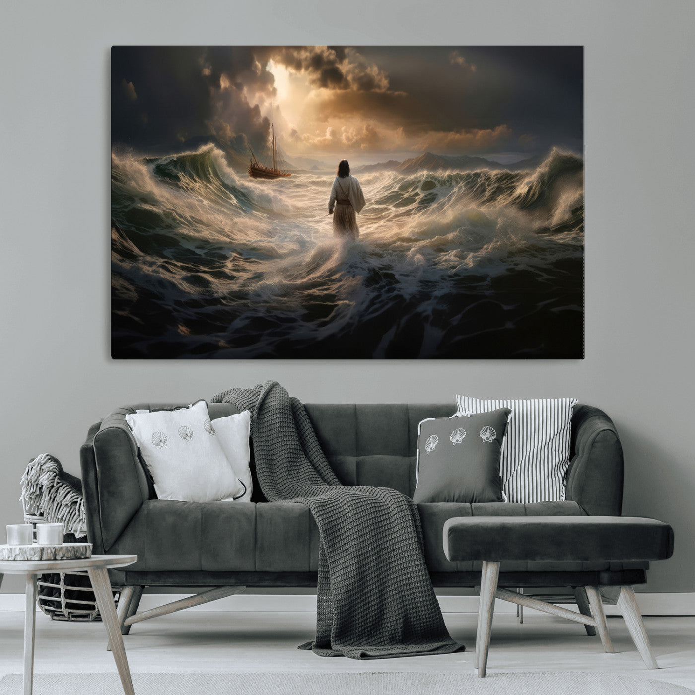 MGV-CV-36X24 - Jesus Walking on Water Wall Art Canvas Print - Religious Spiritual Decor - Jesus Wall Art Canvas