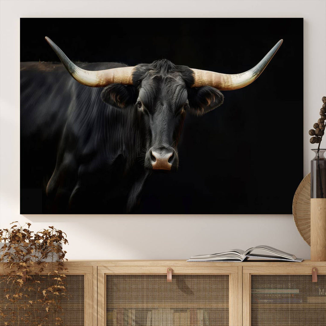 Texas Longhorn Cow | Majestic Black Bull Wall Art Canvas Print - Farmhouse Animal Decor - Ready to Hang