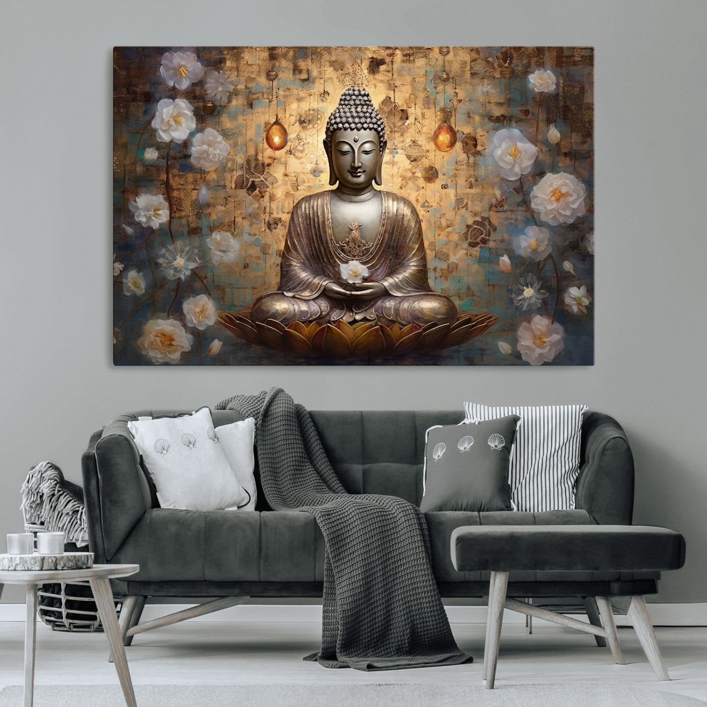 MGV-CV-36X24 - Golden Buddha Wall Art Canvas Print | Zen Meditation Floral Decor | Tranquil Spiritual Home Art |