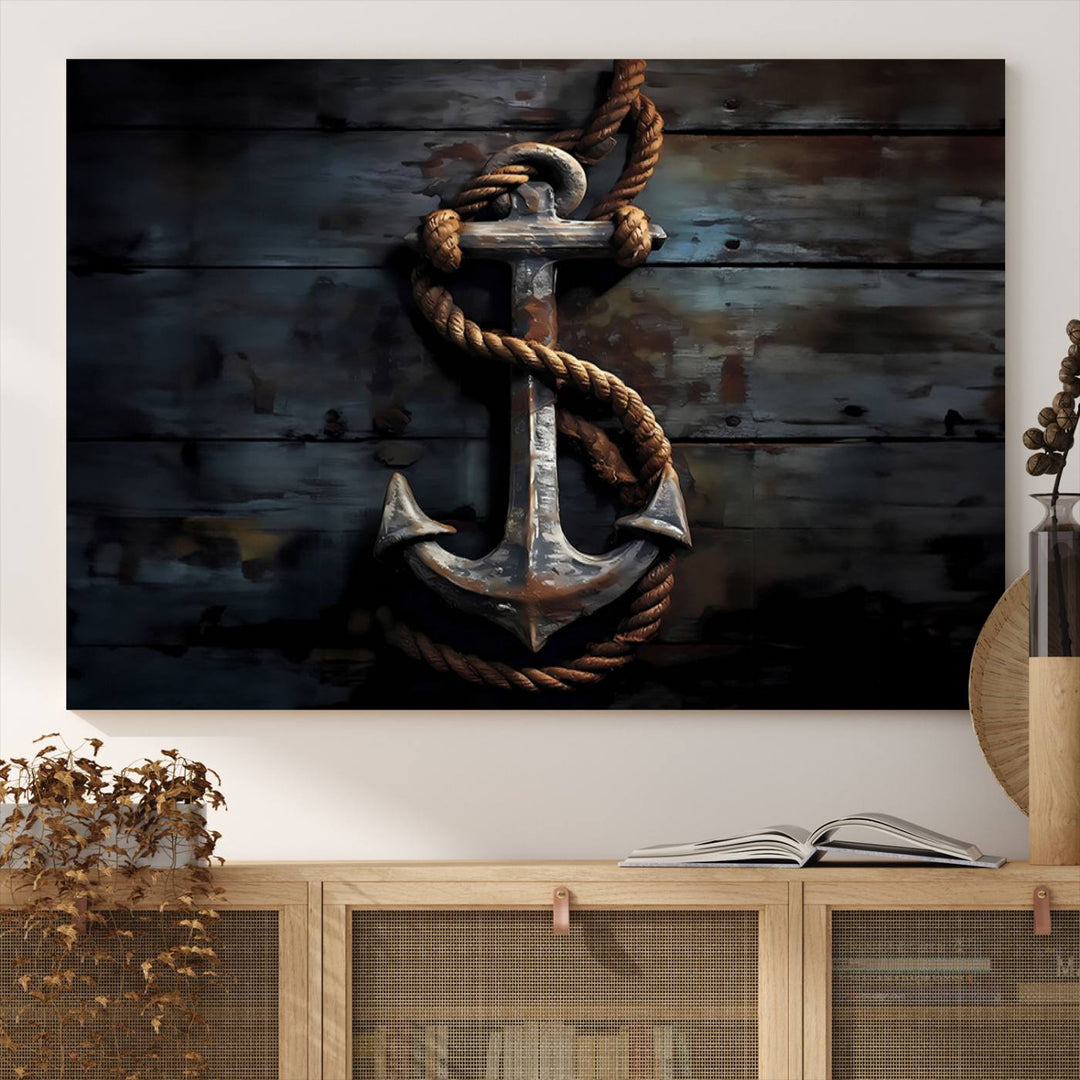 The wooden wall displays a 3 Panel Grunge Abstract Anchor Wall Art Canvas Print Set.