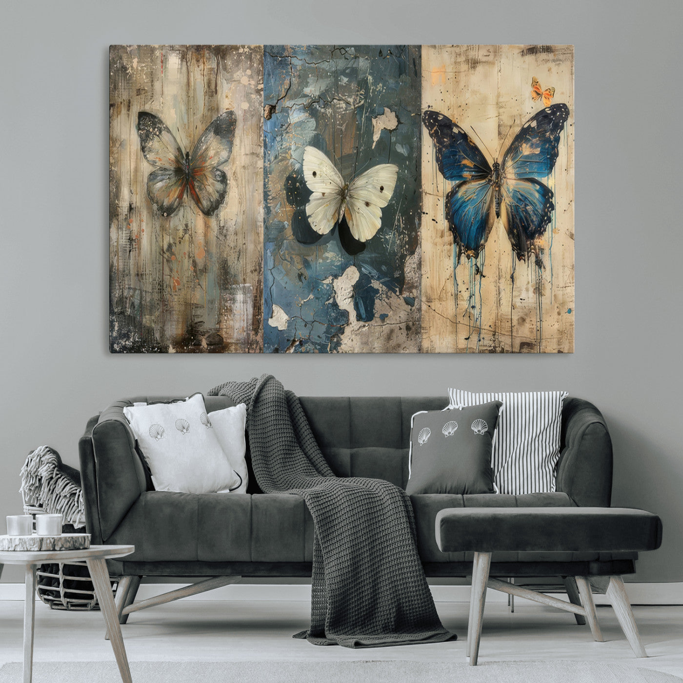 MGV-CV-36X24 - Butterfly Wall Art Trio | Vintage Butterfly Canvas Print | Ready to Hang Framed Artwork for