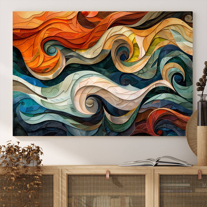 Abstract Wave Wall Art is a ready-to-hang framed canvas print featuring swirling orange, blue, and white patterns. It's perfect for adding vibrant decor to modern spaces.