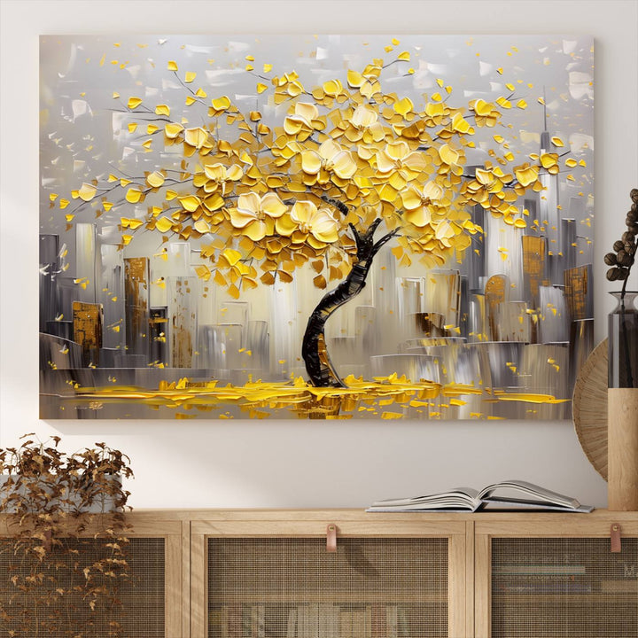 A framed canvas print from the "Golden Tree Canvas Print | Abstract Wall Art for Modern Homes | Ready to Hang Framed Artwork" collection hangs elegantly against the dark wall, epitomizing exquisite abstract wall art.