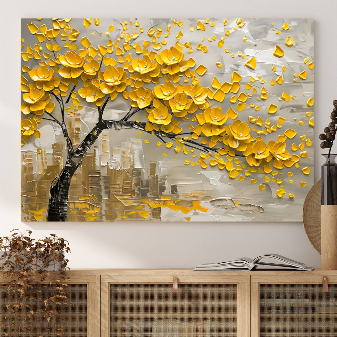 Yellow Blossom Tree Canvas Wall Art, featuring a floral abstract modern design, is elegantly displayed against a dark wall. This sophisticated piece enhances the contemporary aesthetic of the space.