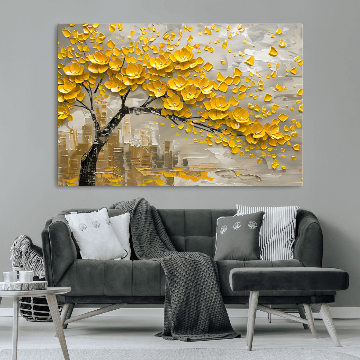 MGV-CV-36X24 - Yellow Blossom Tree Canvas Wall Art - Floral Abstract Modern Contemporary Artwork for Living Room or