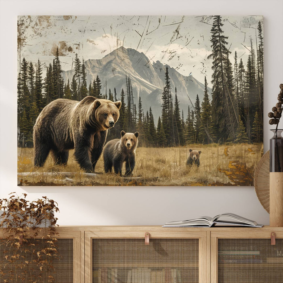 Rustic Grizzly 399: Bear Family Wall Art Canvas Print.