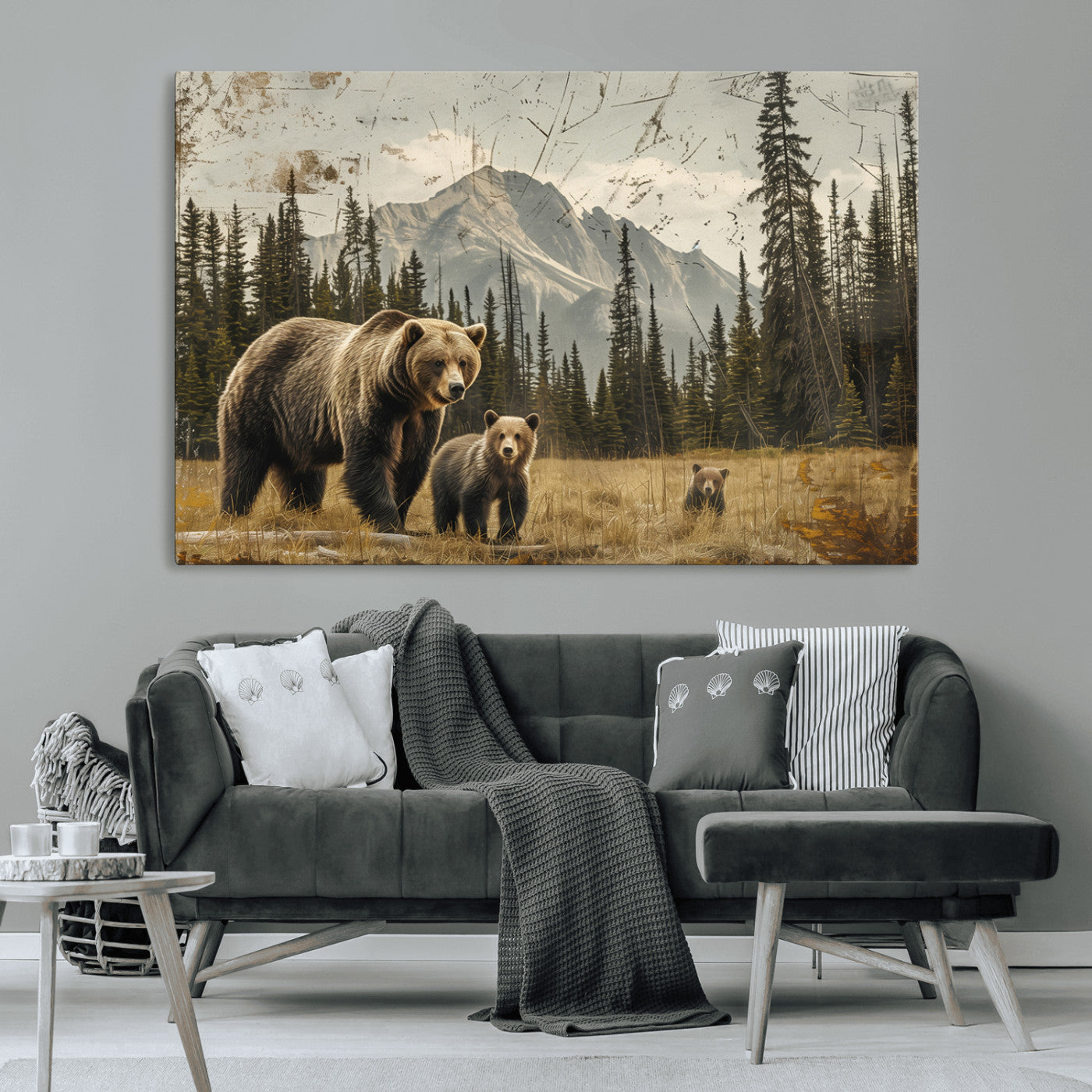 MGV-CV-36X24 - Rustic Grizzly 399 Bear Family Wall Art Canvas Print