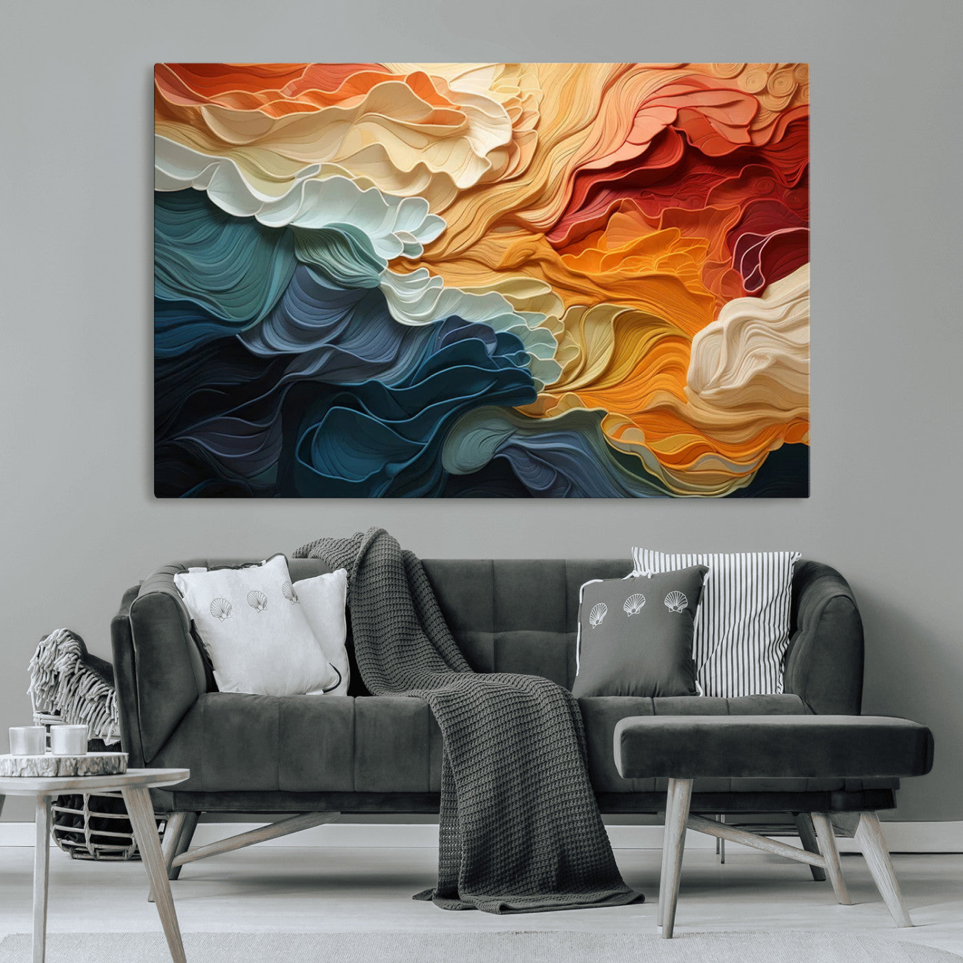 MGV-CV-36X24 - Blue Orange Abstract Wave Wall Art Canvas Print, Framed Blue Orange Wave Wall Art
