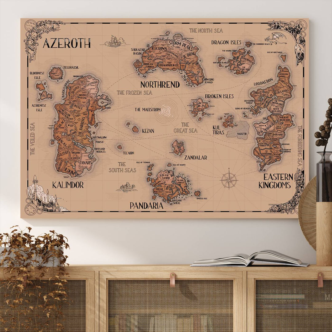 The Vintage Azeroth World Map Canvas Print, a stunning three-piece set, enhances the space with its vintage charm, perfectly complementing your gaming decor.