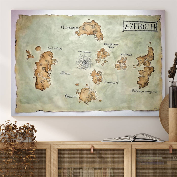 The Azeroth World Map Wall Art Canvas Print, a three-panel vintage piece, brings a cozy fantasy gaming atmosphere to the room.