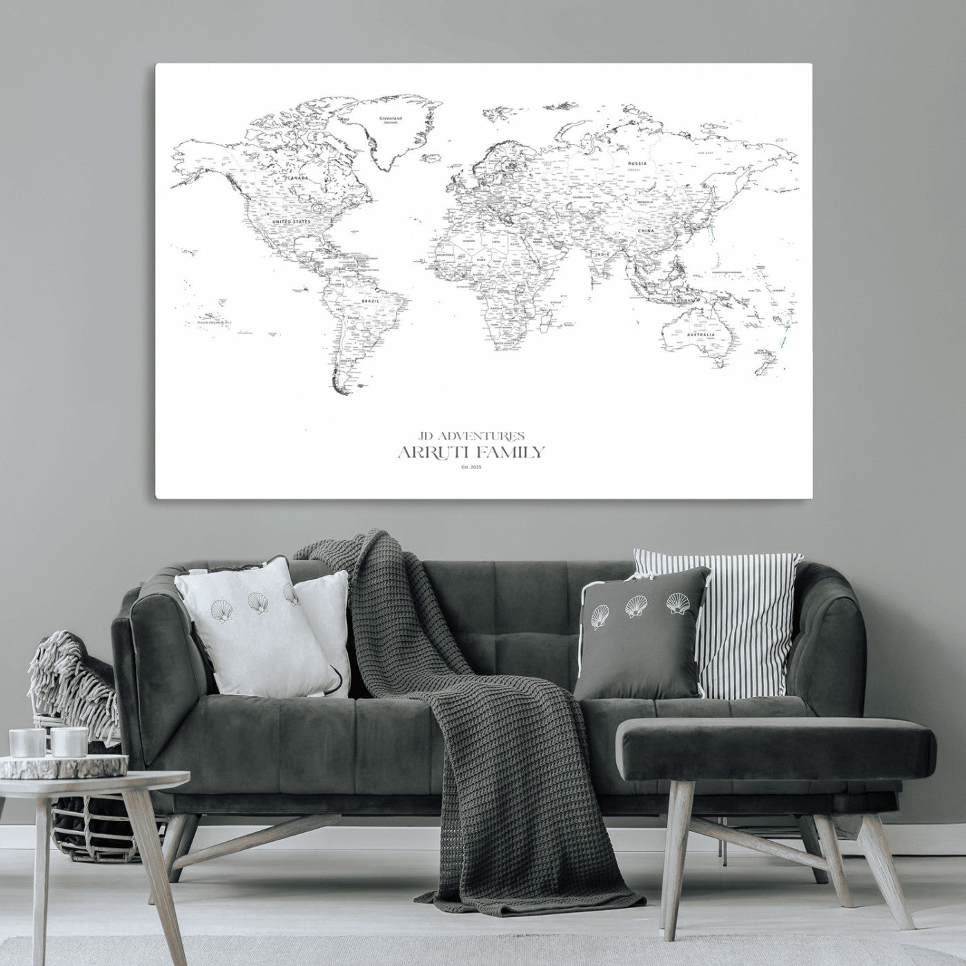 MGV-CV-36X24 - Custom World Map Wall Art – Personalized Framed Canvas Print with Push Pins for Travel Tracking,