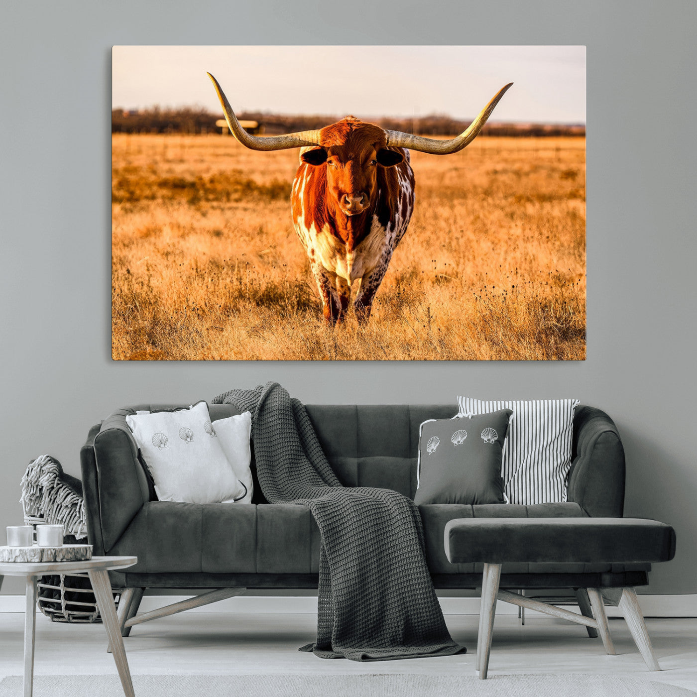 MGV-CV-36X24 - Longhorn Cow Wall Art | Ready to Hang Framed Canvas Print for Farmhouse and Barn Decor