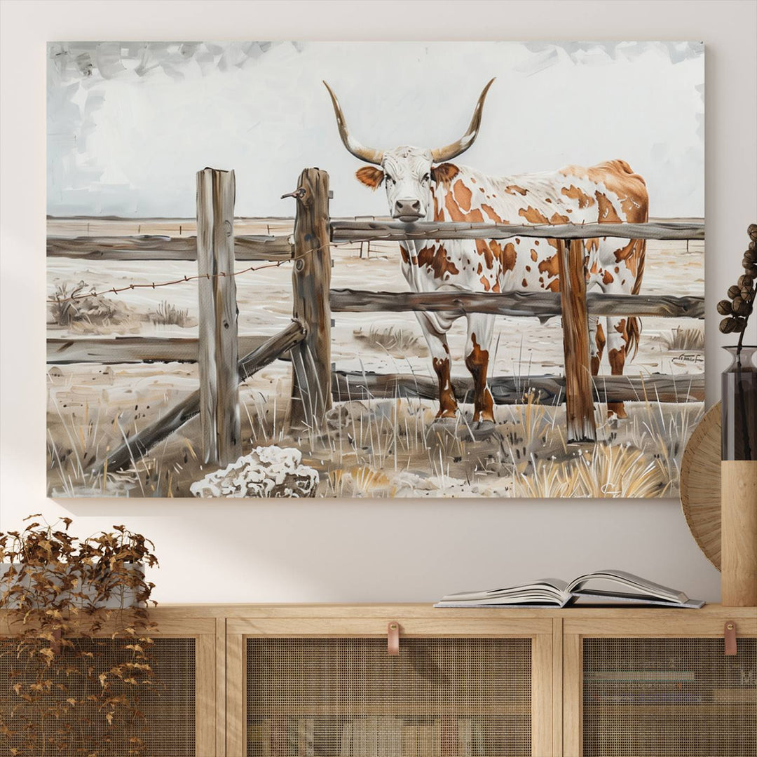 The Abstract Longhorn Cow Wall Art, a ready-to-hang framed canvas print, adds rustic charm and perfectly captures the essence of rural elegance.