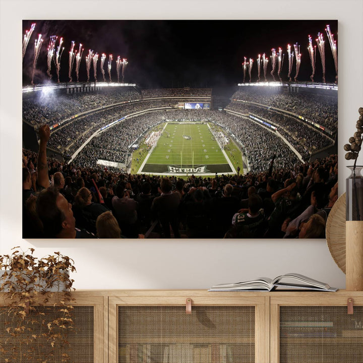 The living room features a spectacular Philadelphia Eagles Football Team Print. This wall art canvas print of Lincoln Financial Field at night captures a Philadelphia Eagles game under the dazzling brilliance of fireworks, making it an eye-catching centerpiece.