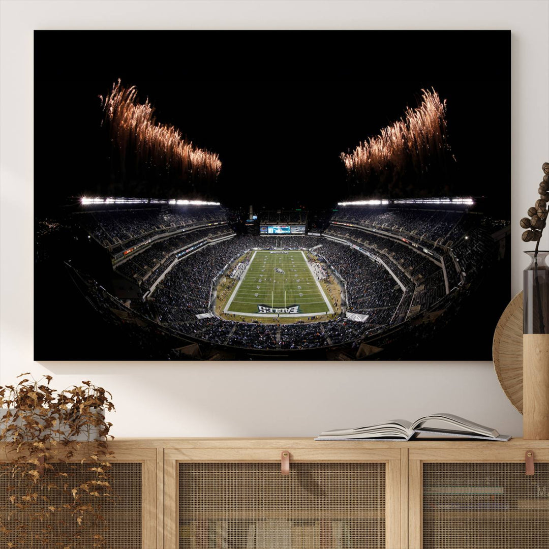 A stunning triptych wall art featuring the Philadelphia Eagles Football Team Print, capturing Lincoln Financial Field with spectacular fireworks.