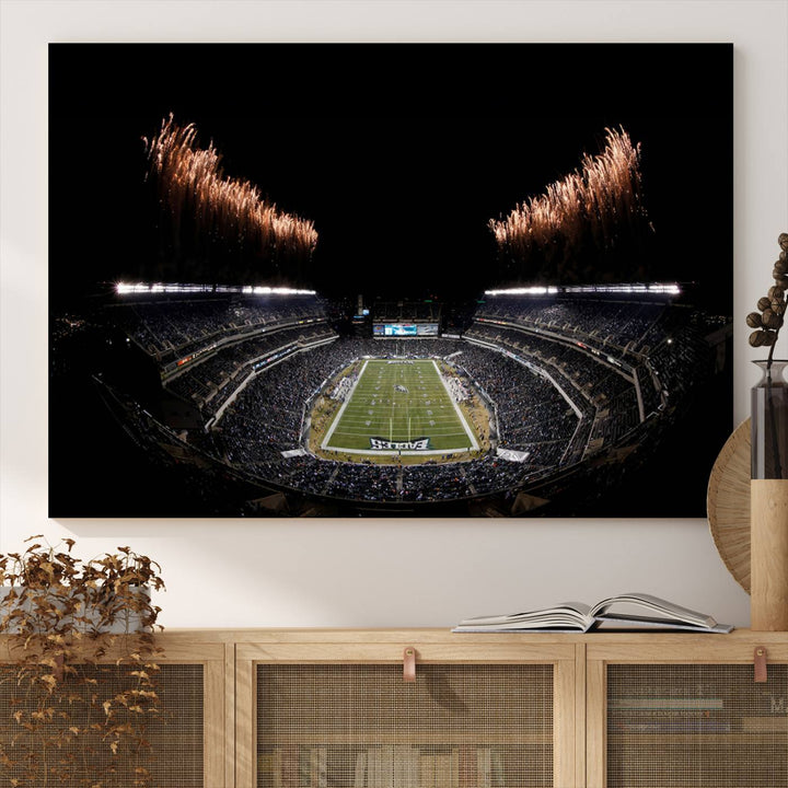 A stunning triptych wall art featuring the Philadelphia Eagles Football Team Print, capturing Lincoln Financial Field with spectacular fireworks.