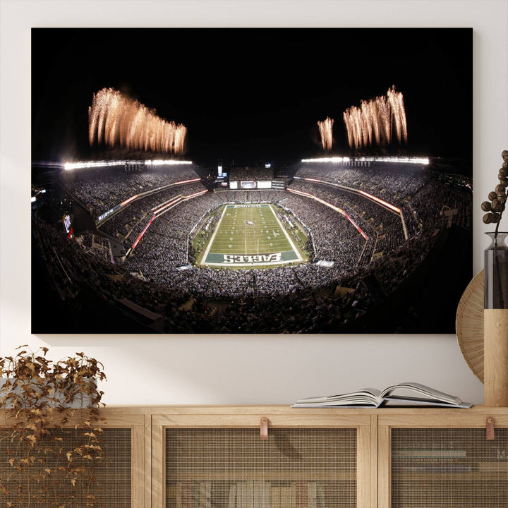 Experience the breathtaking Lincoln Financial Field Fireworks Game captured in this triple canvas wall art. A must-have for any Philadelphia Eagles fan!