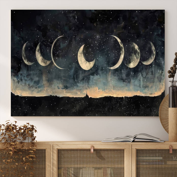 The "Phases of the Moon Wall Art," a framed canvas series capturing the celestial beauty of lunar cycles against a starry night, adds an elegant touch to the contemporary dining room.